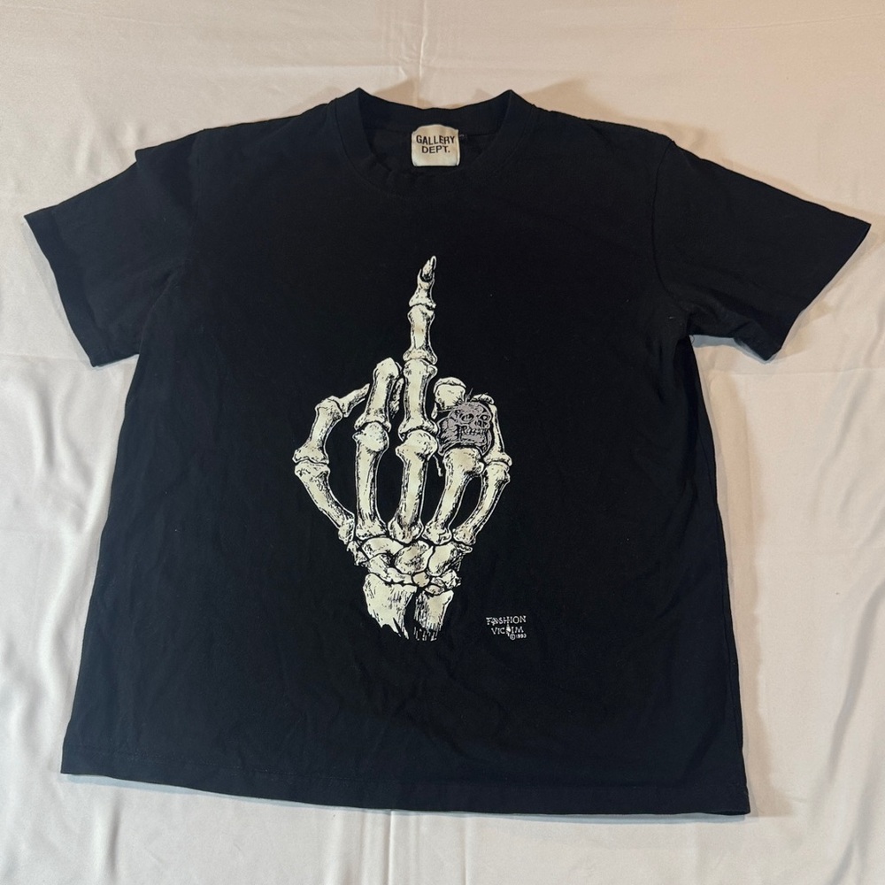 Gallery Dept Black Tee with White Skeleton Middle Finger Graphic
